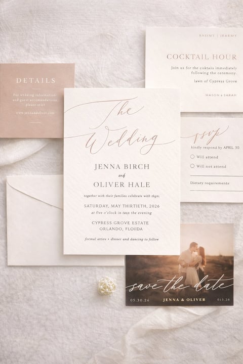 Wedding invitation suite for Jenna Birch and Oliver Hale featuring elegant cream and gold stationery cards arranged on a neutral textured background