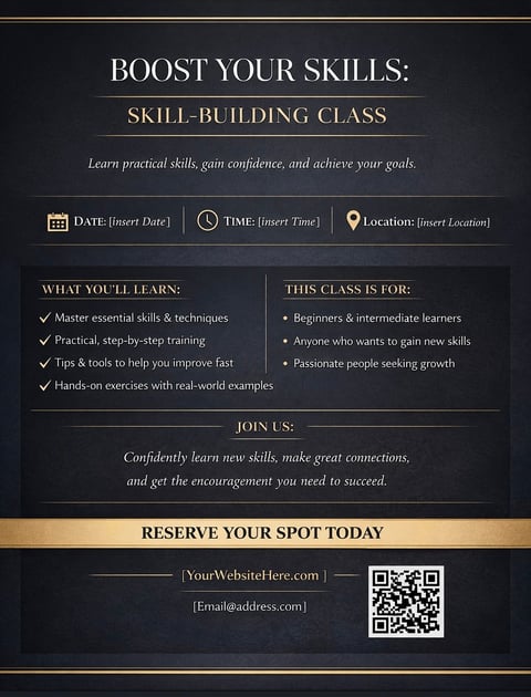 Skill-building class flyer advertising practical training for beginners and intermediate learners with details on date, time, location, and QR code to reserve
