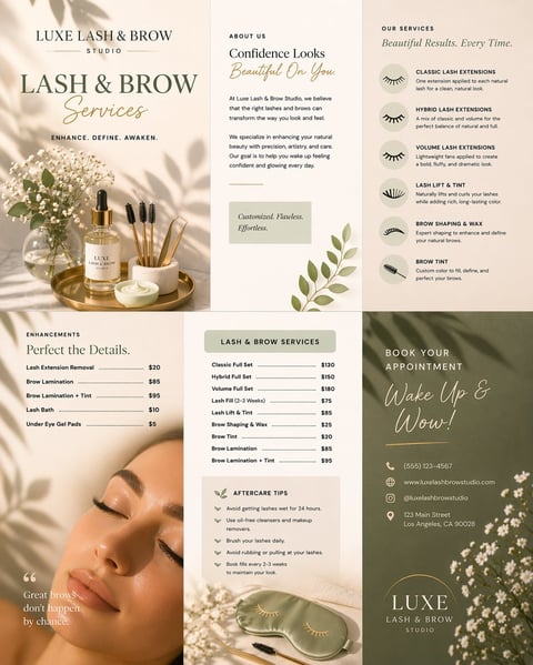 Luxe Lash and Brow Studio brochure showcasing lash and brow services, pricing, and aftercare tips with elegant product photography and spa aesthetic