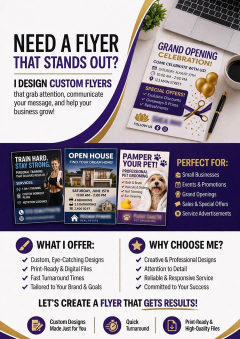 Professional flyer design service promotional graphic showcasing custom flyer examples for businesses, events, and promotions with features and benefits listed