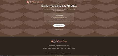 Wedding RSVP response page with brown wavy background and request to respond by July 30, 2026