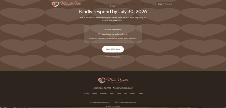 Wedding RSVP response page with brown wavy background and request to respond by July 30, 2026