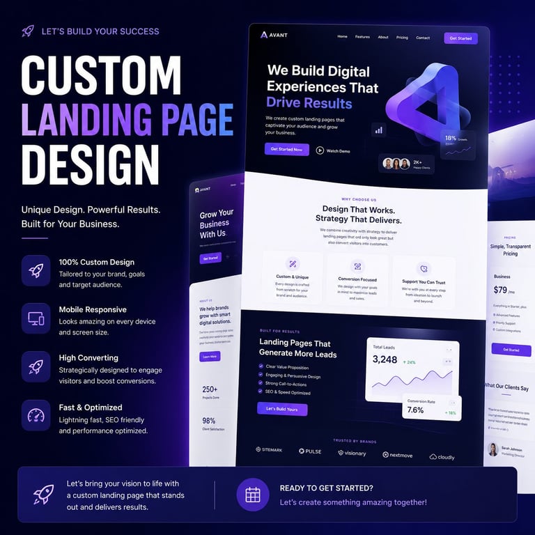 Custom landing page design showcase featuring purple gradient web design layouts with digital experience examples and conversion optimization features