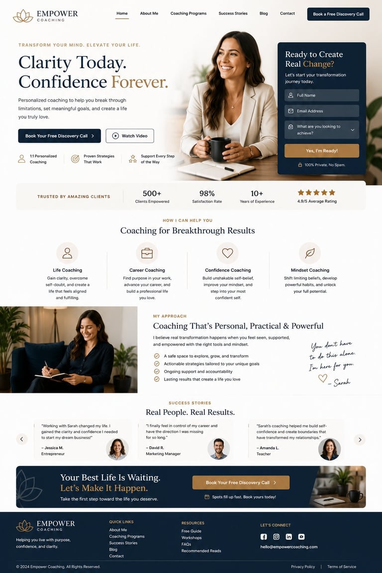 Empower Coaching website homepage featuring a professional woman smiling while holding a coffee cup, with coaching service details and testimonials