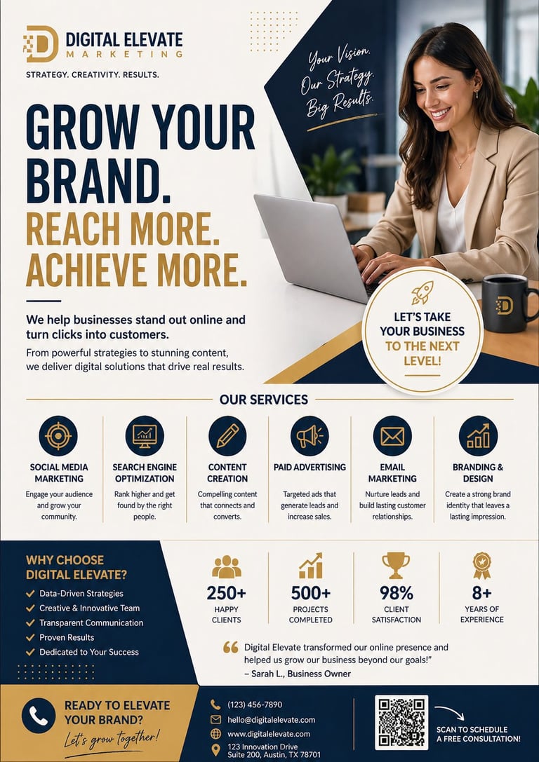 Digital Elevate Marketing agency promotional flyer featuring a woman working on a laptop with services including social media, SEO, and content creation