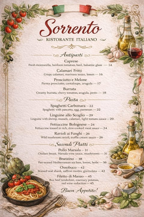 Sorrento Italian restaurant menu featuring antipasti, pasta, and secondi piatti, decorated with vegetables, wine, and Italian flags