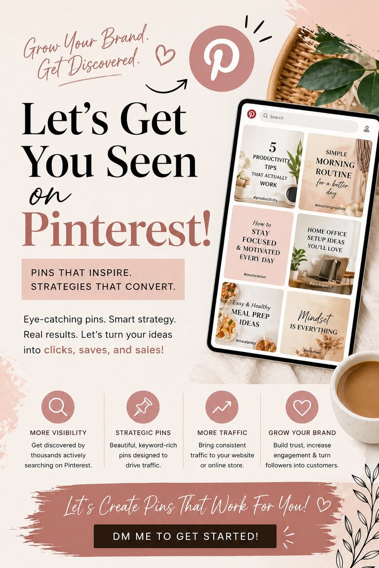 Pinterest marketing promotional flyer showing strategy tips with phone mockup displaying home and wellness pins