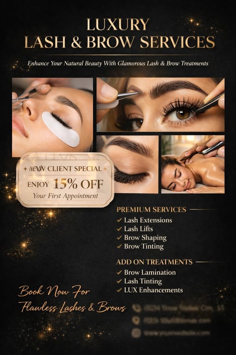 Luxury lash and brow services promotional flyer featuring beauty treatments with 15% new client discount offer
