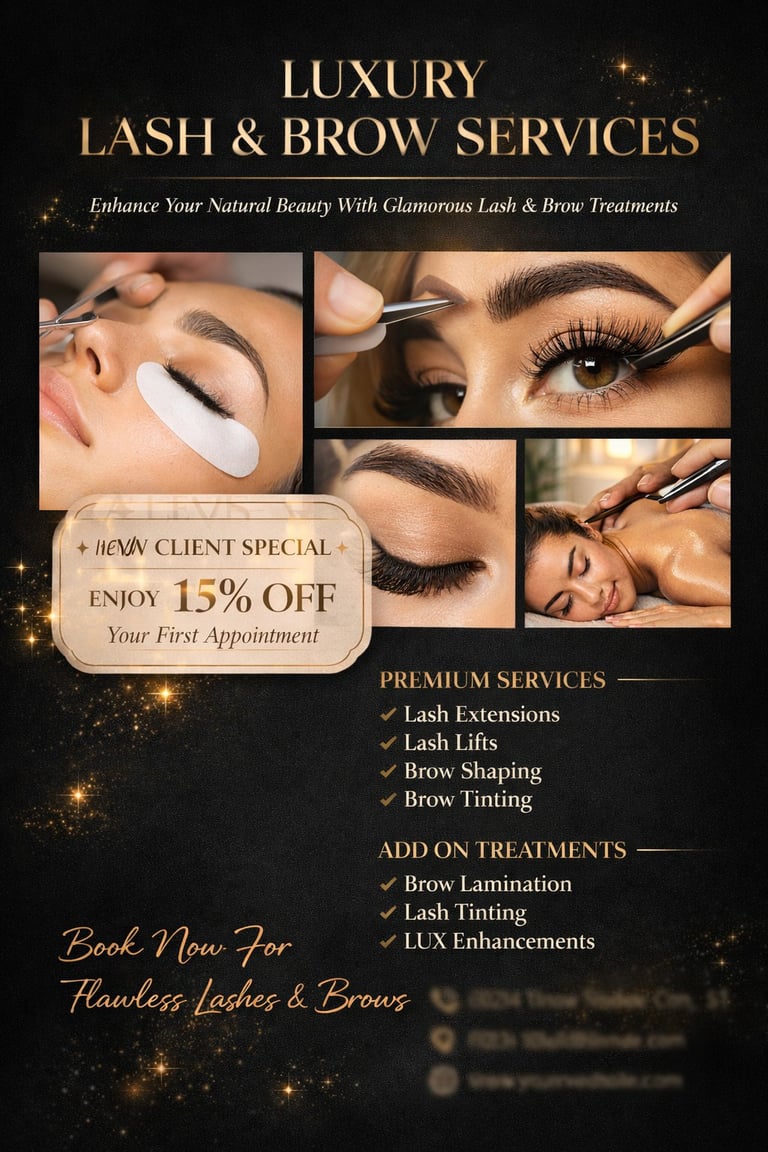 Luxury lash and brow services promotional flyer featuring beauty treatments with 15% new client discount offer