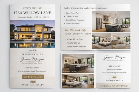 Real estate open house flyer for 1234 Willow Lane featuring modern home interior photos, agent Jessica Moraga contact info, and weekend viewing details