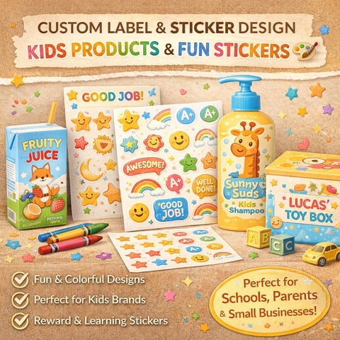 Custom label and sticker design showcase featuring colorful kids products including juice box, shampoo bottle, toy box, and reward stickers with fun characters and smiling faces