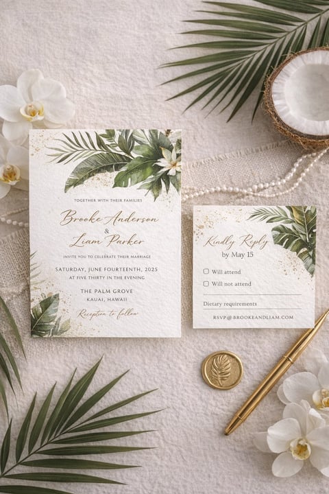 Tropical wedding invitation and RSVP card with palm leaves and orchids on cream background, surrounded by greenery and gold pen