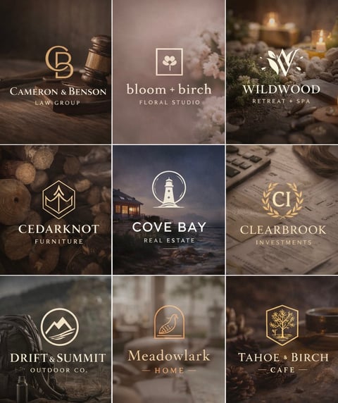 Grid of nine luxury brand logos featuring Cameron & Benson Law Group, Bloom + Birch Floral Studio, Wildwood Retreat + Spa, Cedarknot Furniture, Cove Bay Real Estate, Clearbrook Investments, Drift & Summit Outdoor Co., Meadowlark Home, and Tahoe + Birch Cafe