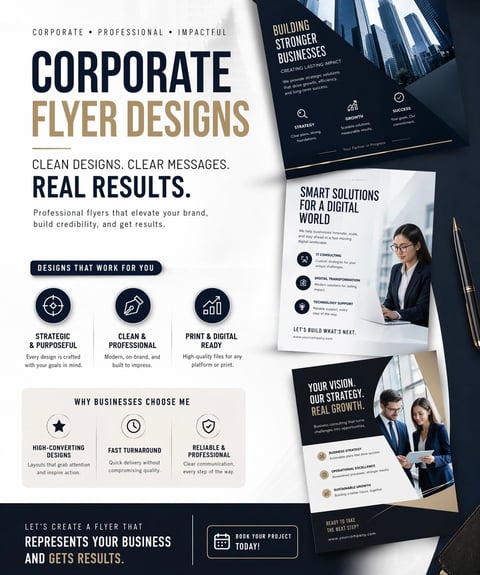 Corporate flyer design templates showcasing professional marketing materials with business imagery and minimalist layouts