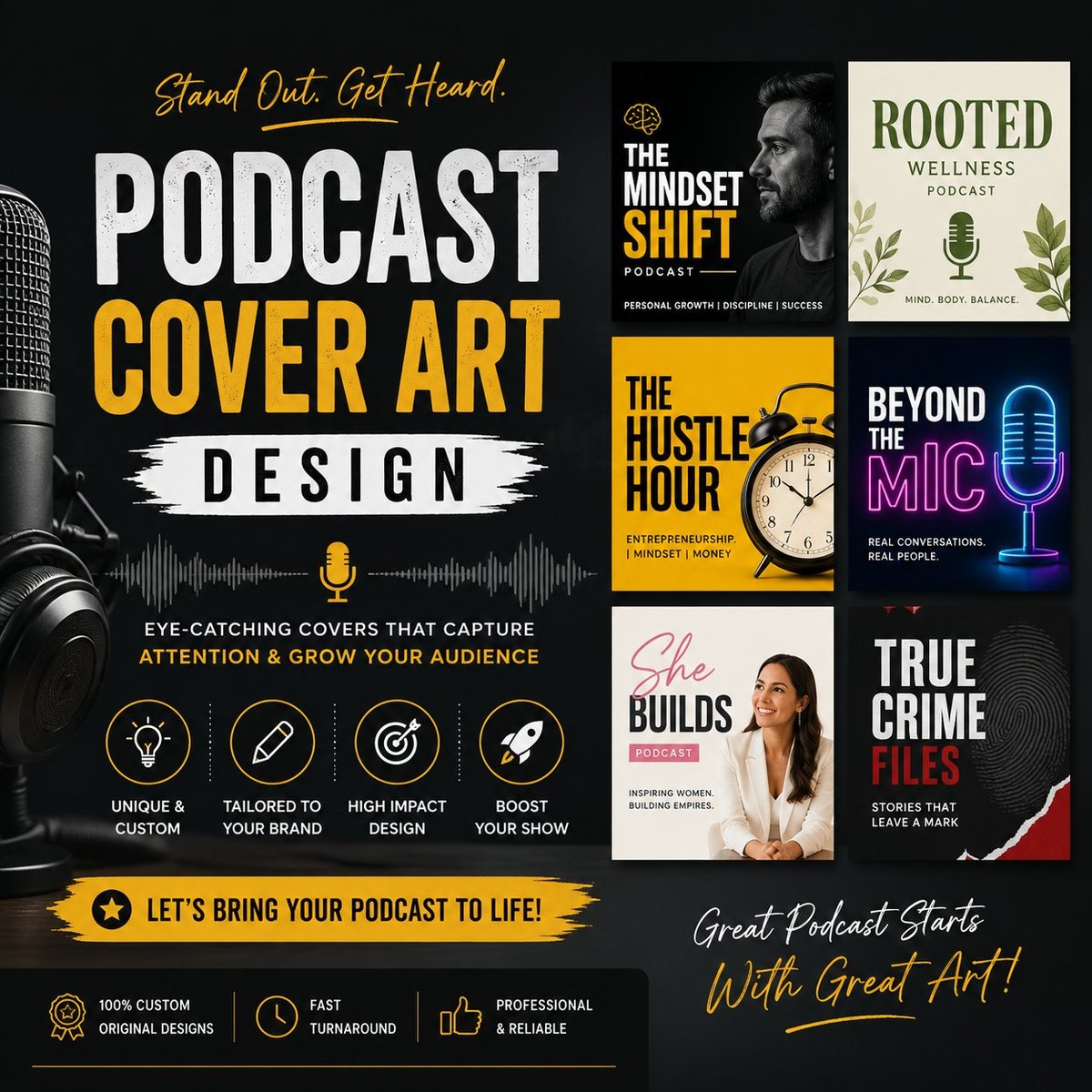 Podcast cover art design service advertisement showcasing various podcast covers with features highlighting custom designs, fast turnaround, and professional reliability.