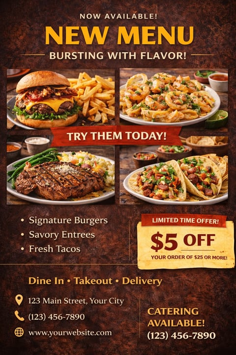 Restaurant promotional flyer for new menu featuring burgers, fries, shrimp, steak, and tacos with $5 off coupon and contact details
