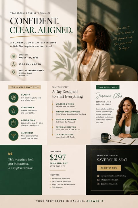Marketing flyer for Transform & Thrive Workshop promoting a one-day confidence and alignment event on August 24, 2024, led by facilitator Jasmine Ellis