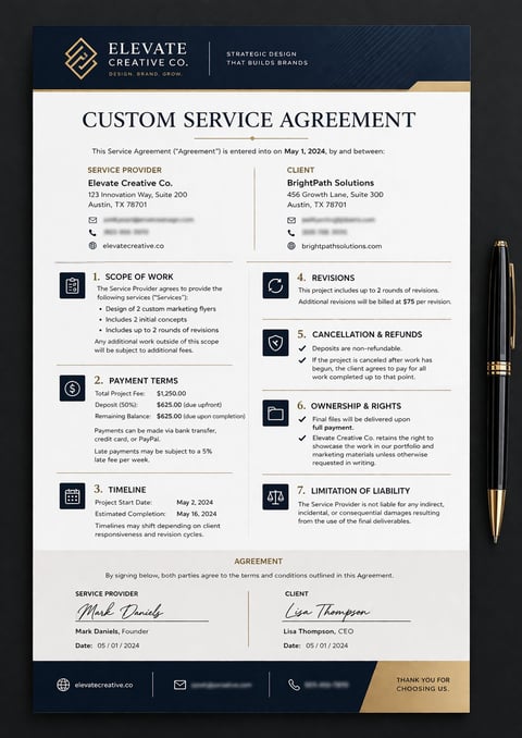 Custom Service Agreement document from Elevate Creative Co. outlining project scope, payment terms, timeline, and terms of service with signatures