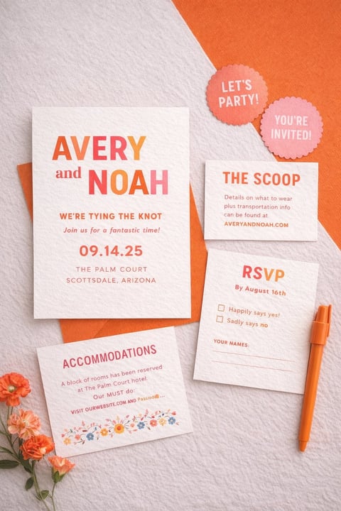 Wedding invitation stationery set in coral and white featuring Avery and Noahs wedding details, RSVP card, accommodations info, and decorative floral elements