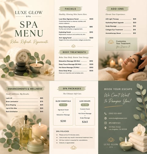 Luxe Glow Spa menu brochure showcasing facials, body treatments, enhancements, and wellness services with pricing and contact information