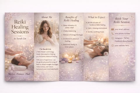 Reiki healing sessions brochure with information about services, practitioner details, and booking contact information
