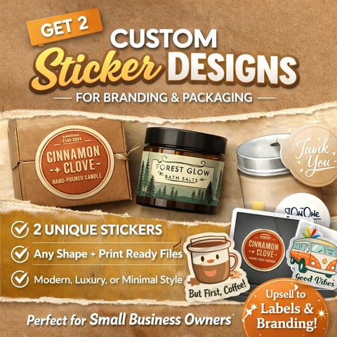 Promotional graphic for custom sticker designs showing product examples including candles, jars, and branded stickers with text highlighting get 2 unique stickers offer