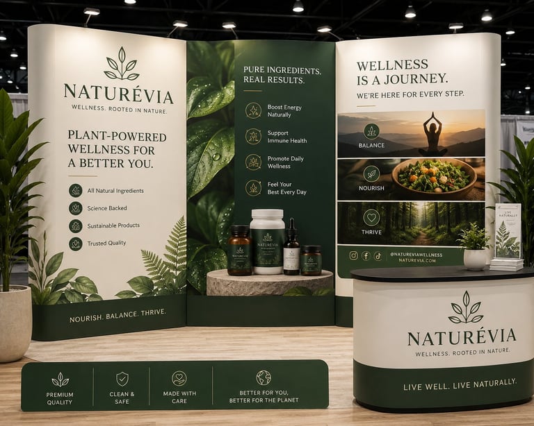 Naturevia brand exhibition booth displaying plant-powered wellness products with panels about pure ingredients and wellness journey.