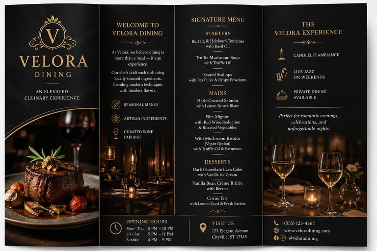 Velora Dining trifold restaurant menu featuring gold accents, signature dishes, wine experience, and candlelit ambiance details