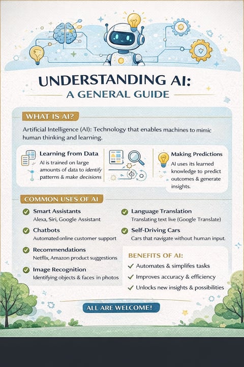 Infographic explaining AI basics with icons showing definition, learning from data, predictions, common uses including smart assistants and chatbots, and key benefits