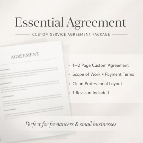 Essential Agreement custom service agreement package template showing features: 1-2 page custom agreement, scope of work, payment terms, professional layout, and 1 revision included for freelancers and small businesses