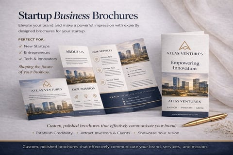 Professional startup business brochures for Atlas Ventures displayed in trifold and postcard formats on marble surface