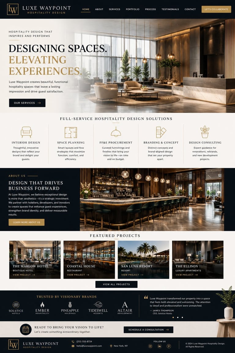 Luxe Waypoint hospitality design website homepage featuring modern hotel lobby with warm lighting and marble reception desk