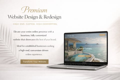 Laptop displaying luxury coastal hotel website with premium design text and Transform Your Website button on elegant marble background