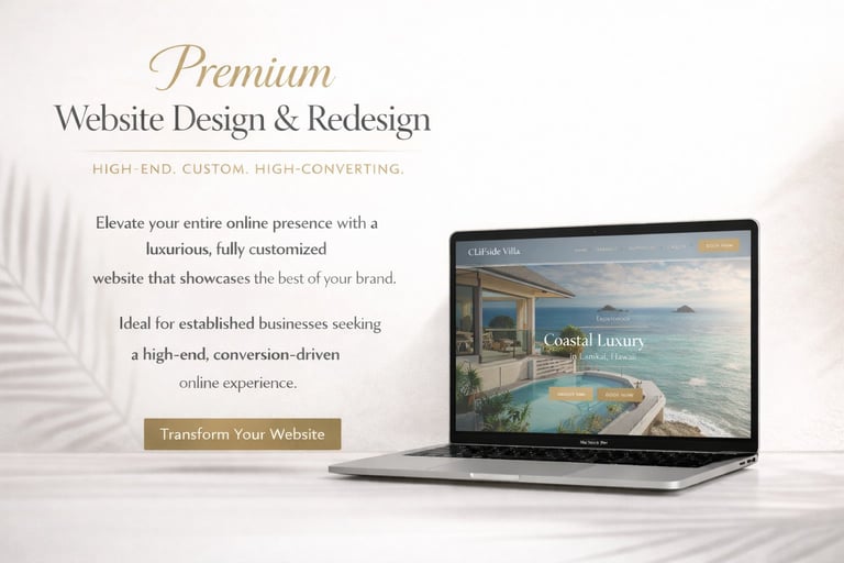 Laptop displaying luxury coastal hotel website with premium design text and Transform Your Website button on elegant marble background