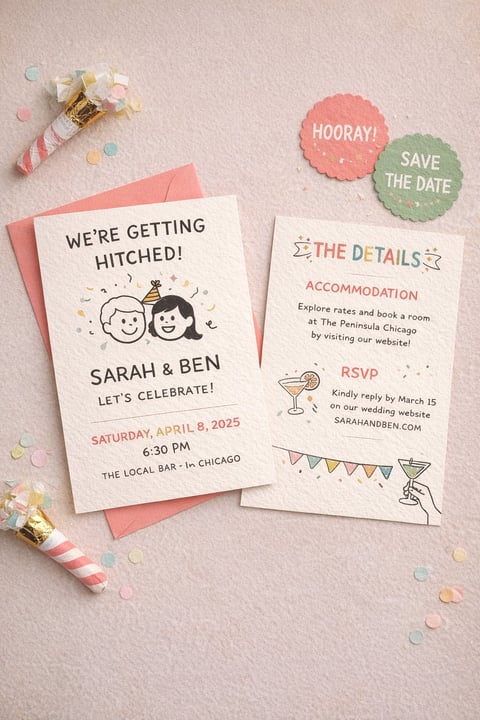 Wedding invitation set for Sarah and Ben featuring a front card with couple illustration and details, back card with event information, surrounded by colorful confetti and party decorations on a neutral background