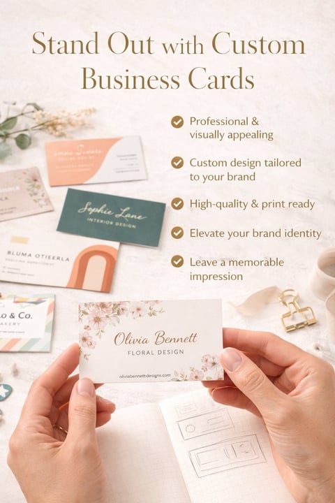 Person holding a custom floral business card for Olivia Bennett Floral Design with marketing text highlighting custom business card benefits