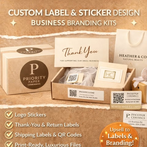 Custom label and sticker design business branding kit featuring boxed packaging with logo stickers, thank you labels, and shipping materials for small business branding