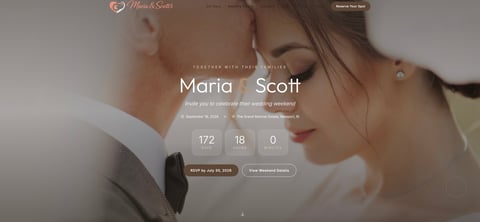 Bride and groom embracing on wedding website homepage with countdown timer and event details
