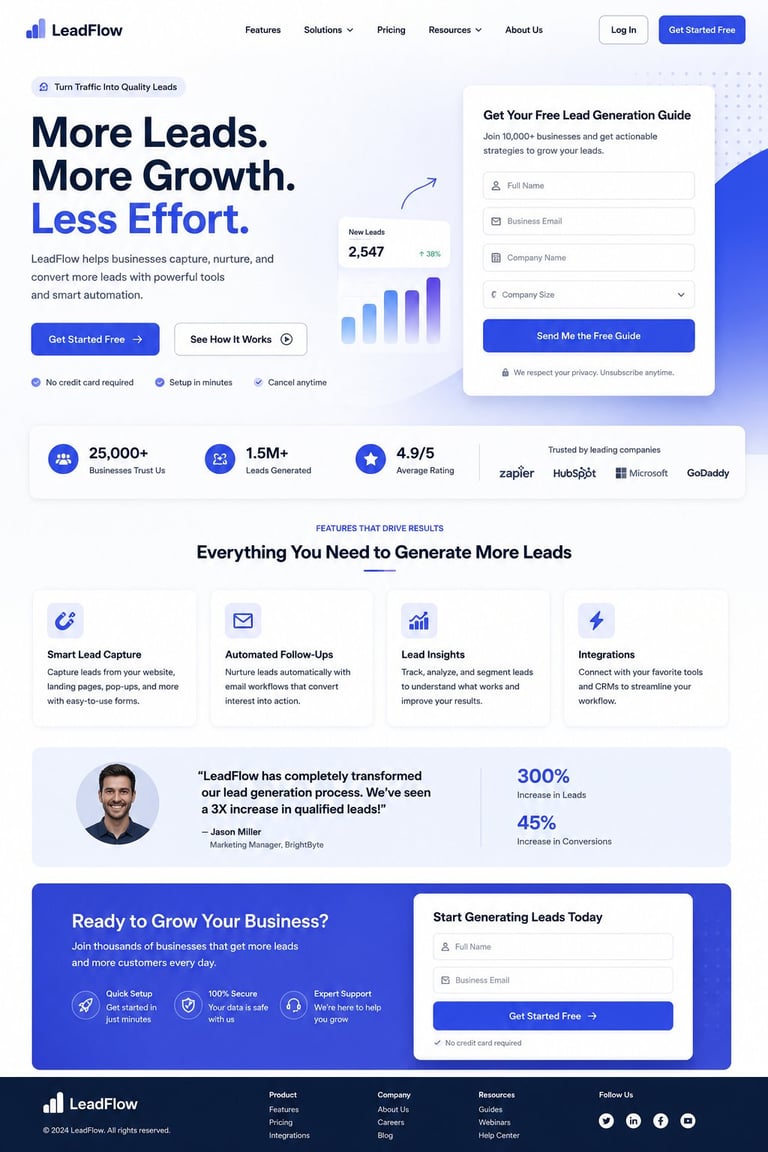 LeadFlow website homepage showing lead generation platform features, testimonials, and signup form for getting free leads