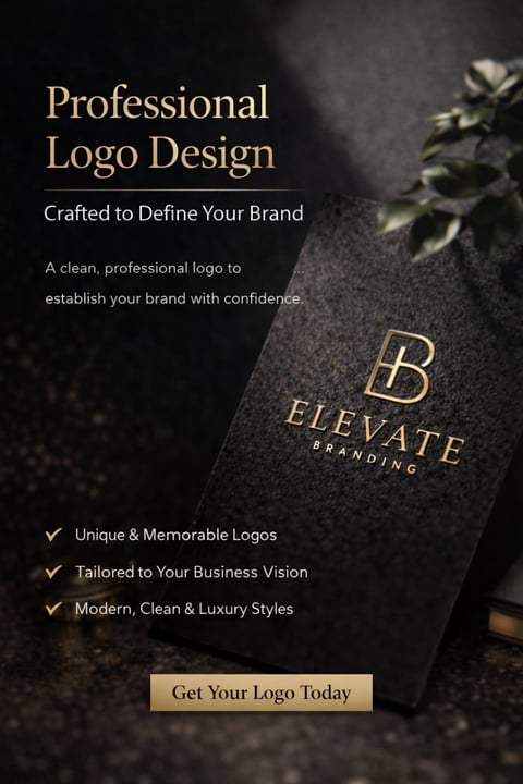 Professional logo design advertisement featuring luxury branding example with gold lettering on dark background and marketing copy