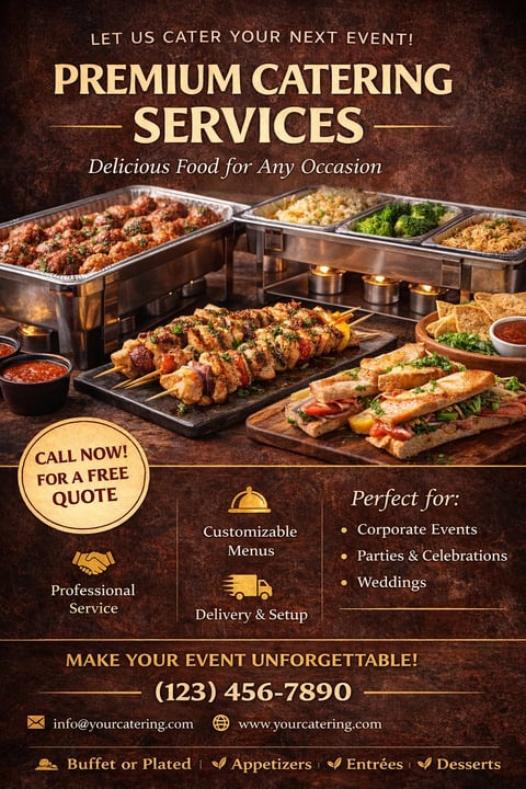 Premium catering services flyer featuring food trays, skewers, and appetizers with contact information and service details