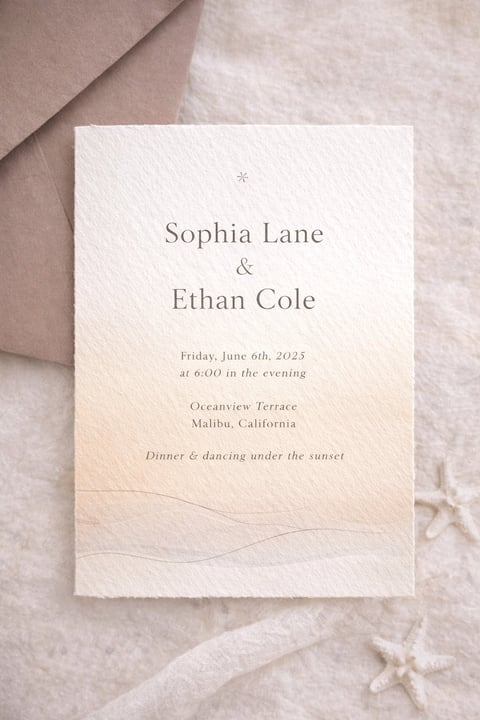 Wedding invitation for Sophia Lane and Ethan Cole on June 6th, 2025 at Oceanview Terrace in Malibu, California
