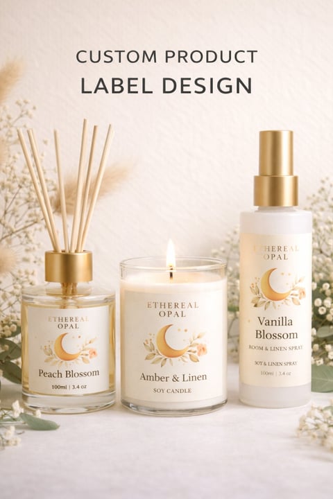 Custom product label design showing three luxury home fragrance items: a reed diffuser, scented candle, and room spray in cream and gold packaging with floral designs