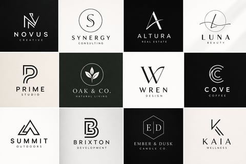 Collection of 12 modern minimalist business logos featuring geometric lettermarks on white and black backgrounds