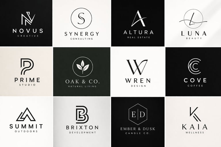 Collection of 12 modern minimalist business logos featuring geometric lettermarks on white and black backgrounds