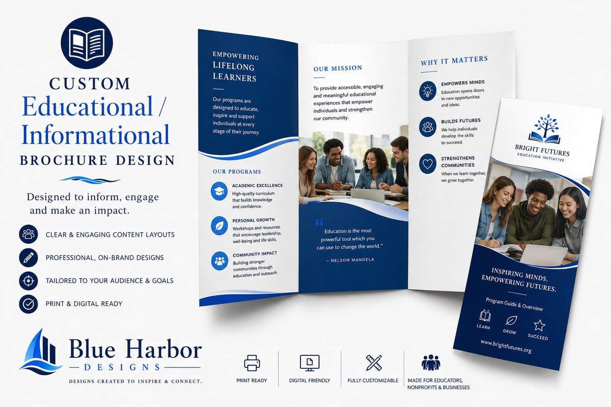 Professional educational brochure design templates displaying custom tri-fold and multi-page layouts in navy and white with team photos and content sections