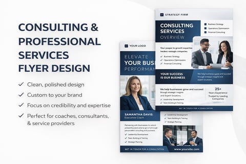 Consulting and professional services flyer design template featuring navy blue layouts, business professional photos, and customizable text sections