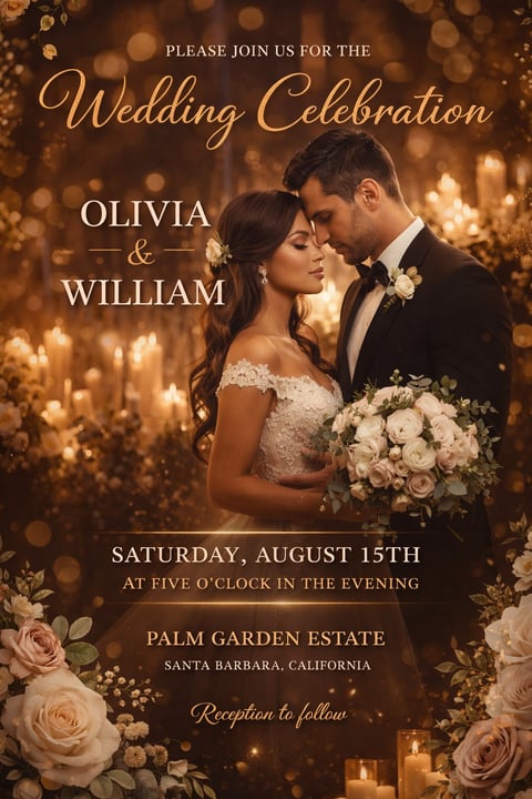 Wedding invitation for Olivia and William featuring couple with bouquet against golden bokeh background