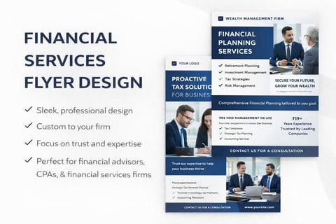 Professional financial services flyer template design featuring business professionals, tax solutions, and planning services