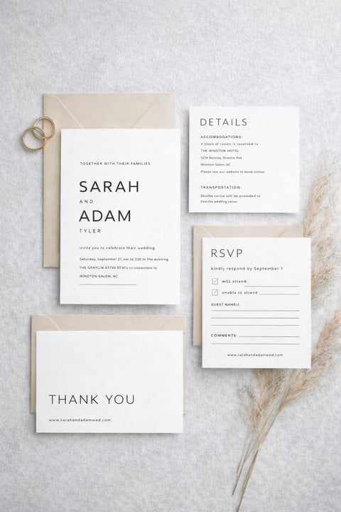 Wedding stationery set including invitation, RSVP card, details card, thank you card, and beige envelope with dried flowers on marble background